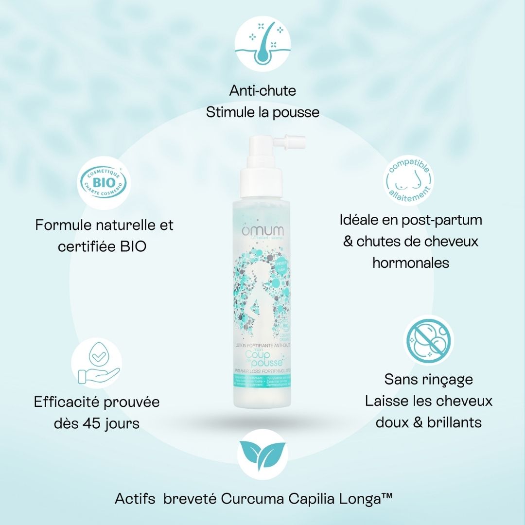 Une lotion anti chute cheveux pour stimuler la pousse, efficacité visible dès 45 jours. La chevelure retrouve force, vitalité et densité - Omum