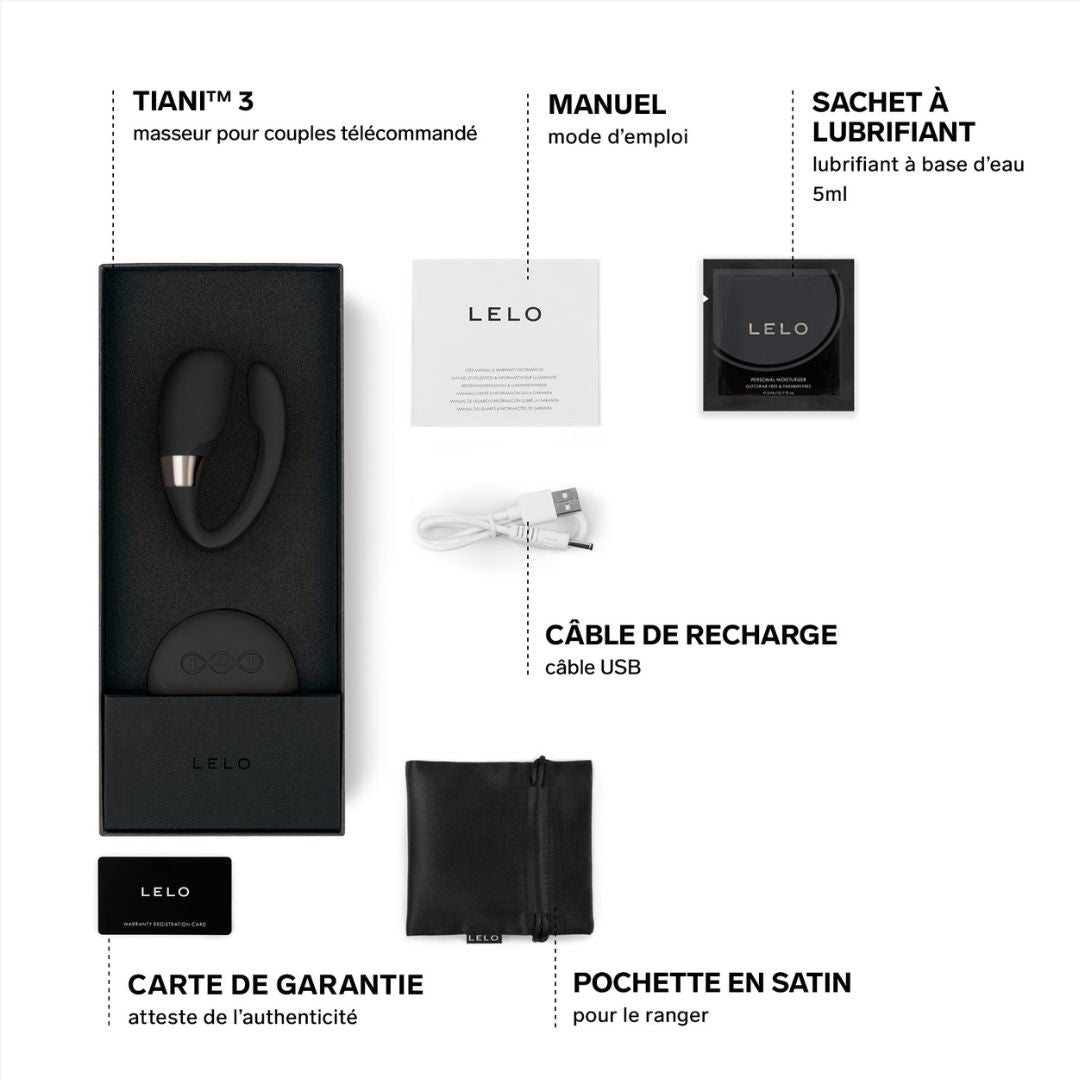 Boîté et accessoires du TIANI 3 Sextoys pour couple télécommandé double stimulation - LELO