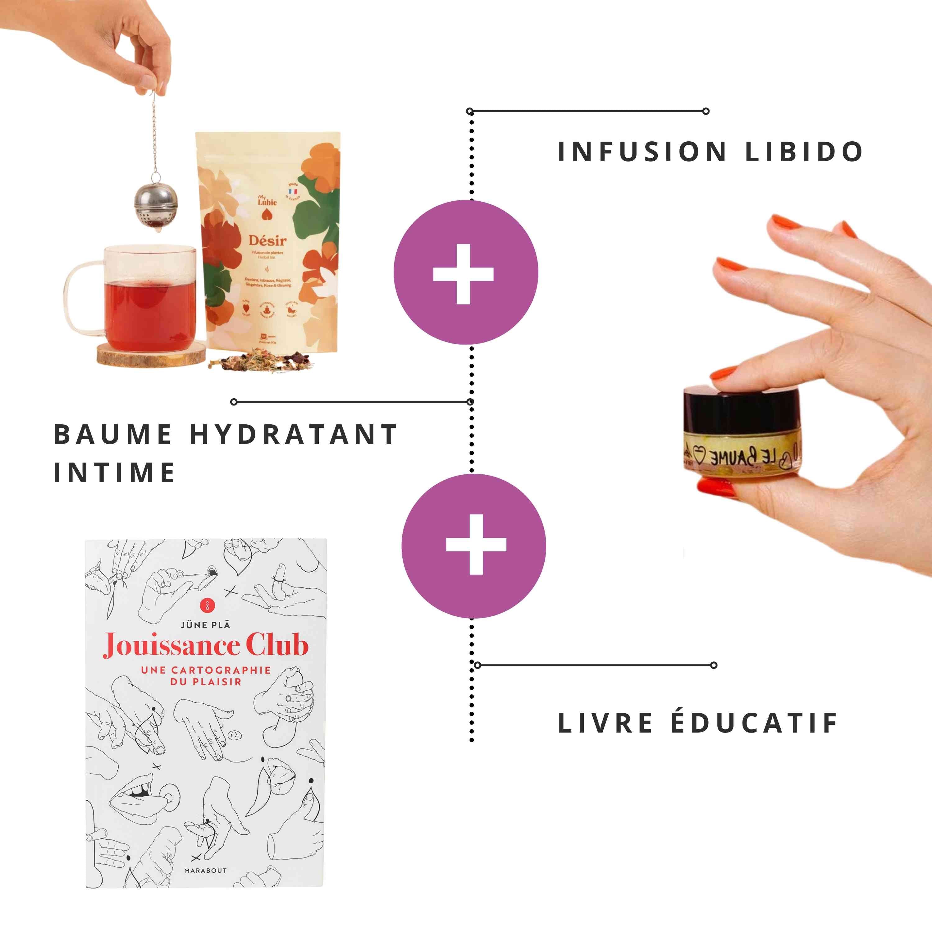 Le coffret désir et plaisir de Gapianne avec une infusion libido, un baume hydratant intime et un livre éducatif.