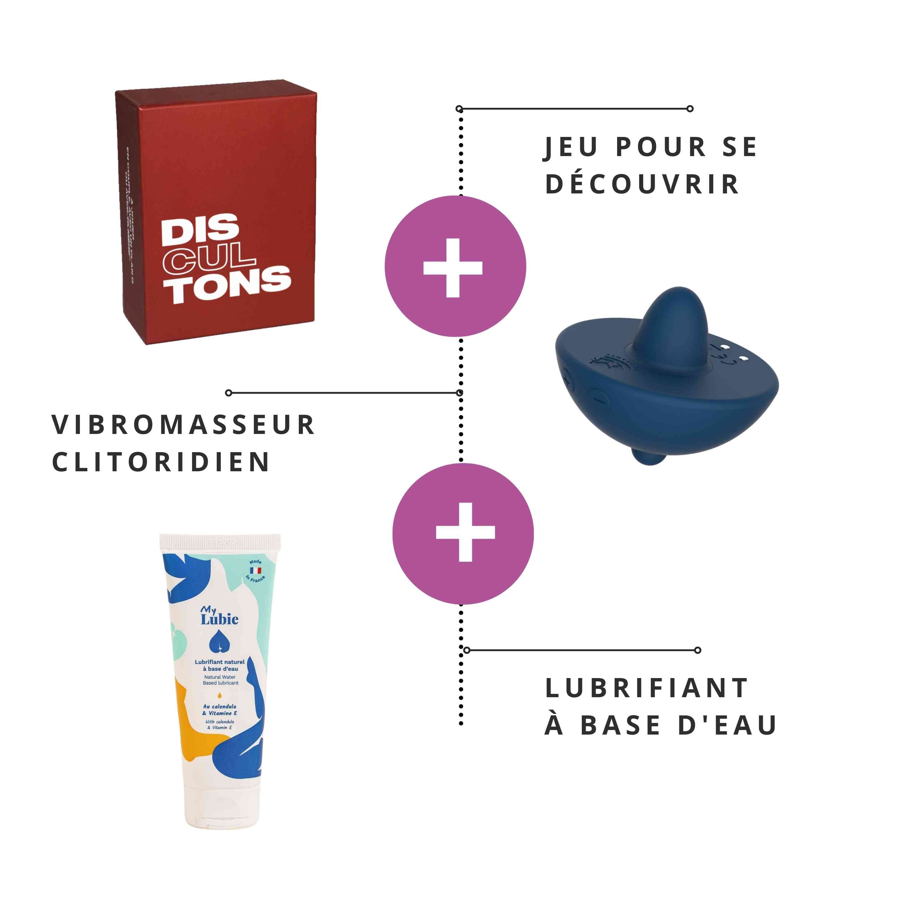 Le coffret sex et fun de Gapianne avec un jeu, un vibromasseur clitoridien et un lubrifiant à base d'eau.