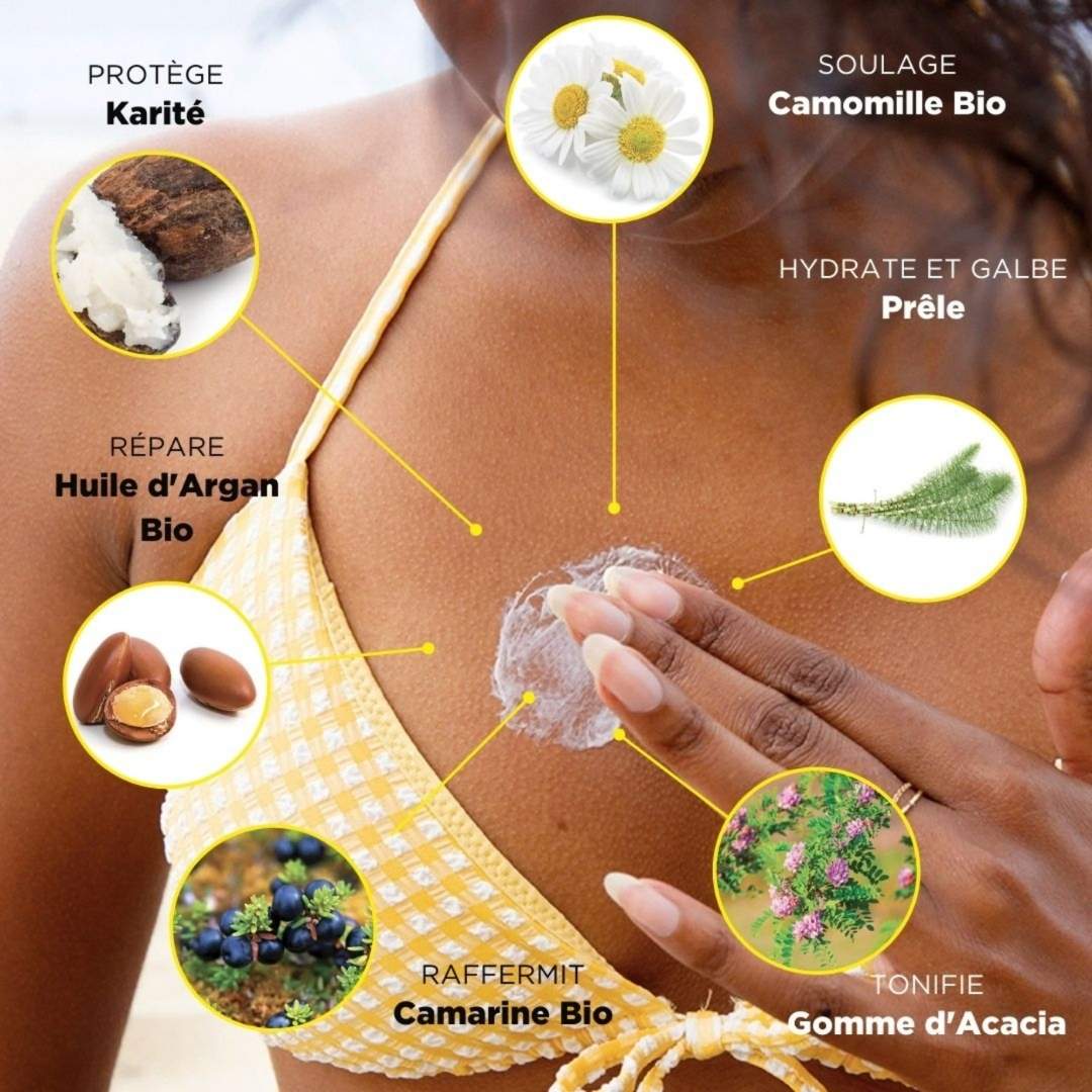 composition naturelle et saine au karité, camomille, huile d'argan, prêle, acacia, camarine bio