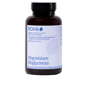 Magnésium bisglycinate Sova : réduit la fatigue, apaise le stress, soutient le sommeil et les fonctions nerveuses.