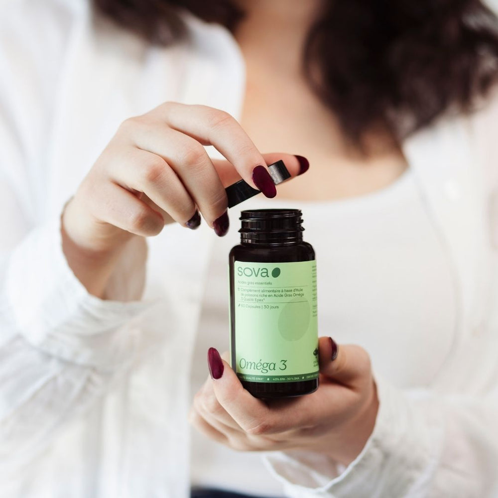 Oméga‑3 Sova : soutient le fonctionnement du cœur et du cerveau ainsi que l'équilibre hormonal