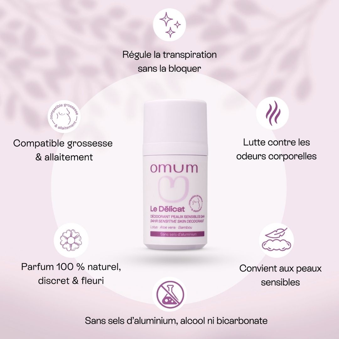 Le déodorant naturel d'Omum sans alcool régule la transpiration sans la bloquer et lutte contre les mauvaises odeurs corporelles