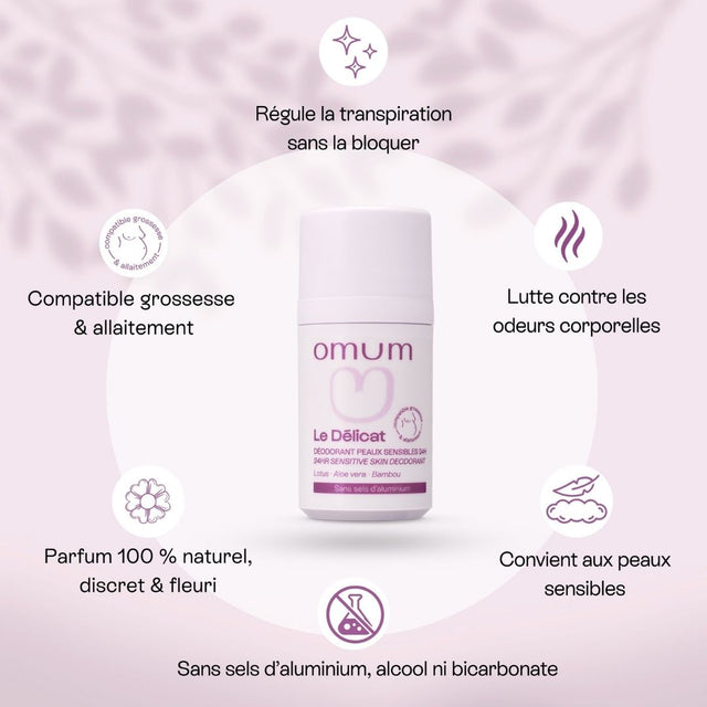 Le déodorant naturel d'Omum sans alcool régule la transpiration sans la bloquer et lutte contre les mauvaises odeurs corporelles