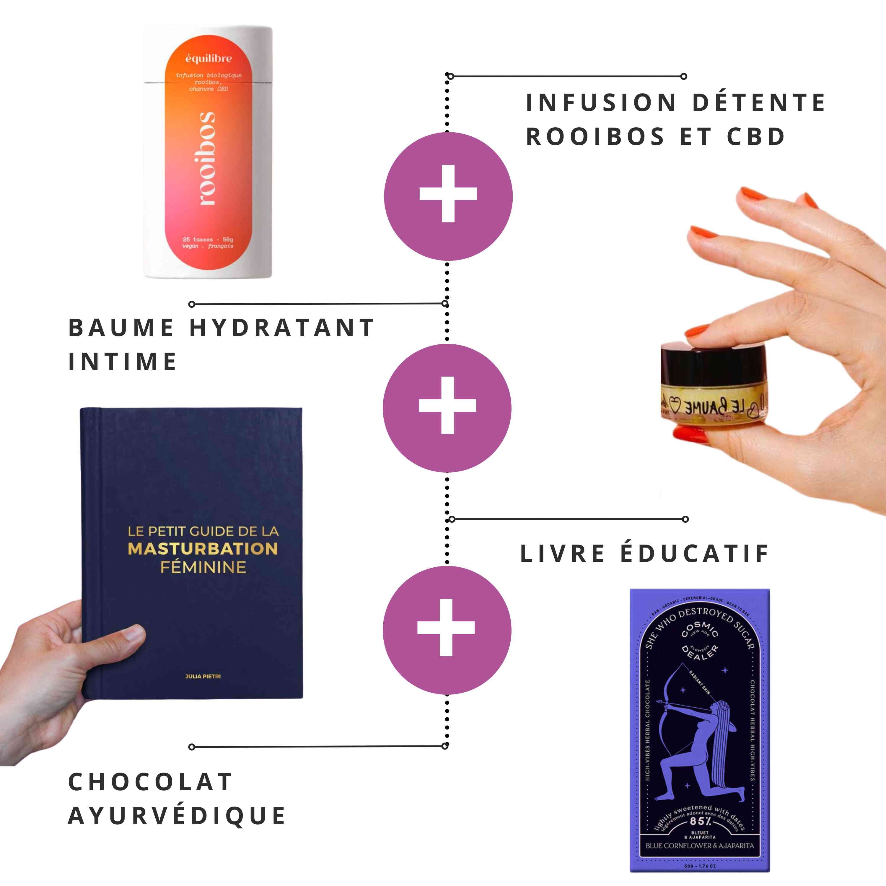 Le coffret selflove de Gapianne avec une infusion, un baume hydratante intime, un livre éducatif et un chocolat ayurvédique.