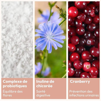 La cure de probiotiques pour la flore intime et intestinale à côté du gel hydratant et apaisant intime de Miyé