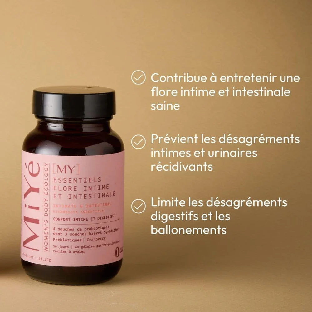 La cure de probiotiques pour la flore intime et intestinale à côté du gel hydratant et apaisant intime de Miyé