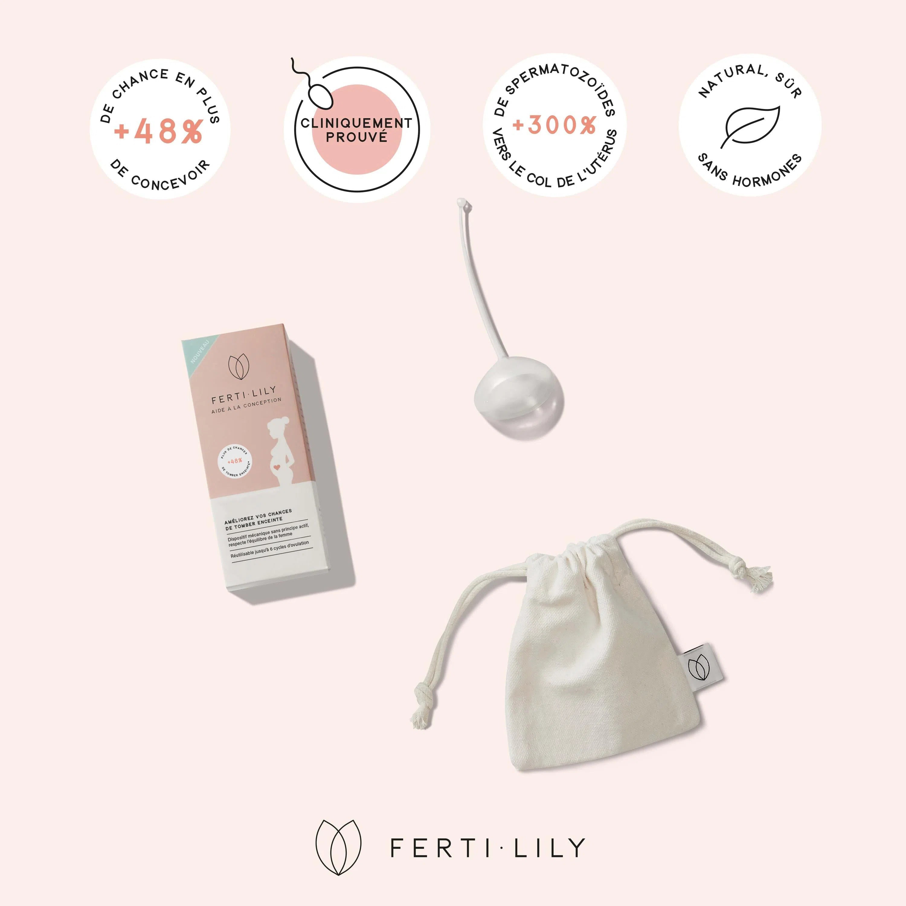 Une cup de fertilité pour tomber enceinte de Fertilily à côté de sa boîte avec les avantages