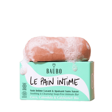 Le pain lavant intime de Baubo sur son packaging avec de la mousse