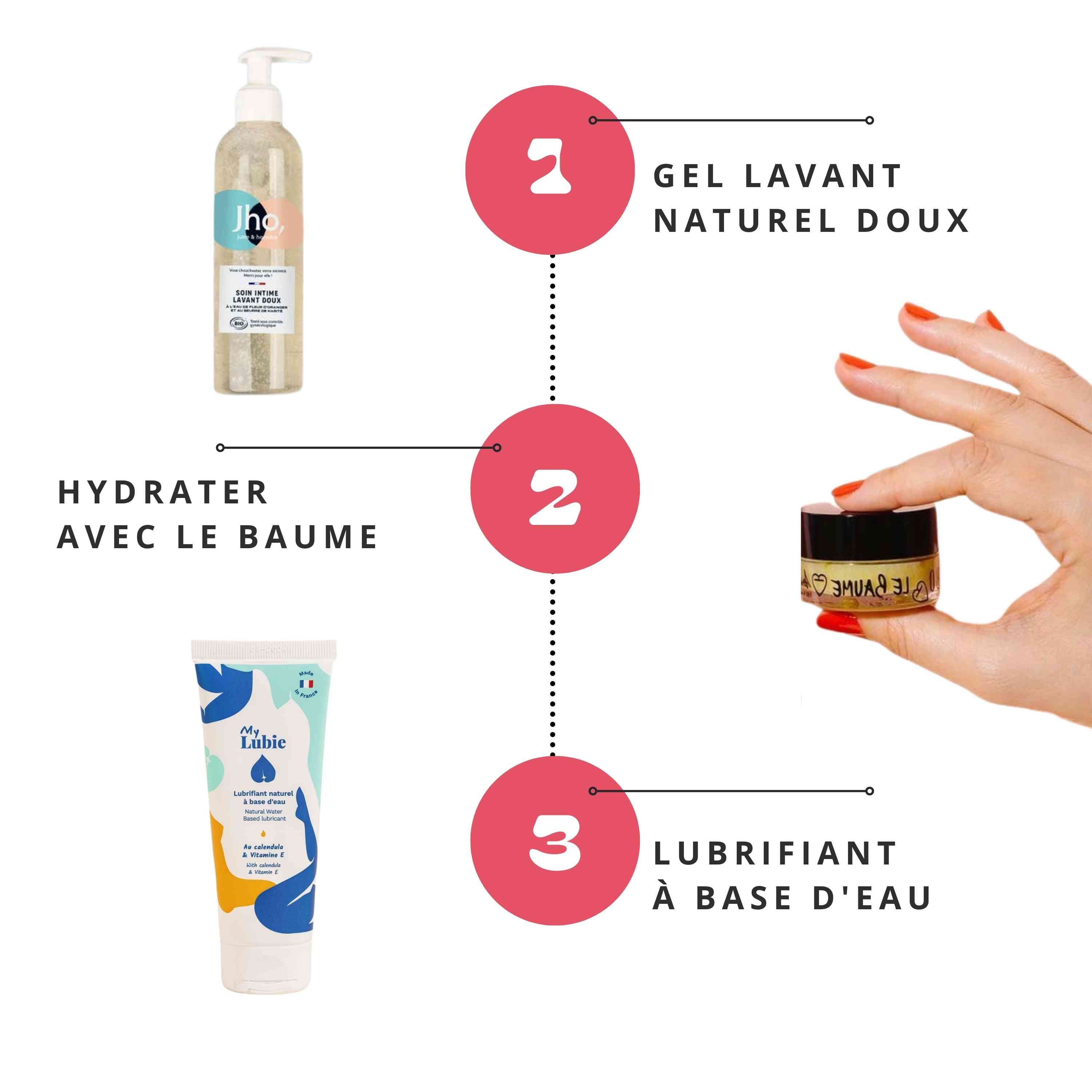 La routine happy vulve de Gapianne avec un gel lavant intime, un baume intime et un lubrifiant à base d'eau.