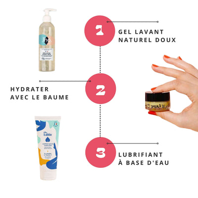 La routine happy vulve de Gapianne avec un gel lavant intime, un baume intime et un lubrifiant à base d'eau.