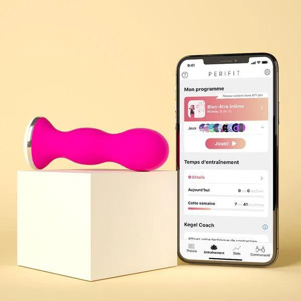Sonde périnéale rose de Perifit pour muscler périnée à côté d'un téléphone connecté sur l'application