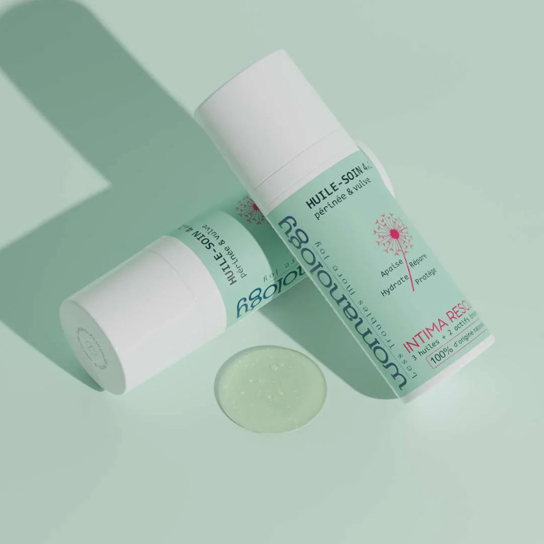 Texture et flacons d'Intima Rescue pour le périnée et la vulve Womanology - Gapianne